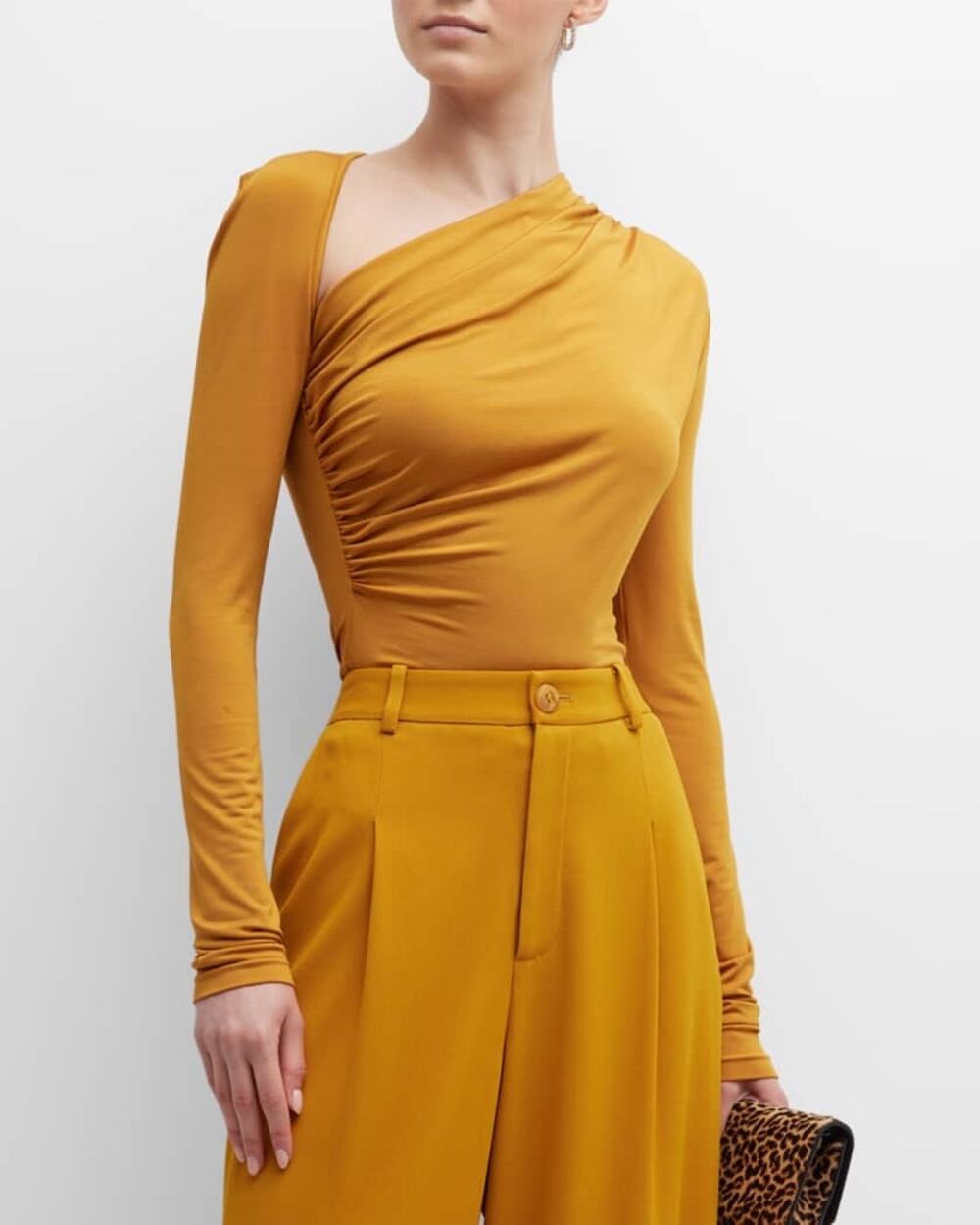 Lapointe Asymmetric Ruched Long-Sleeve Jersey Top Mustard Yellow Size 10